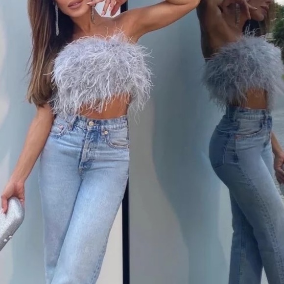 🎉New Arrival Sexy Light Gray Crop Ostrich Feather Tube Style Top - Medium - Picture 2 of 13